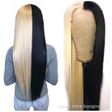 Sexy New Design Half Blonde 613 Half Black Hand Made Human Hair Front Lace Wig  Baby Hair 150% Density  Lace Front Wig For Women